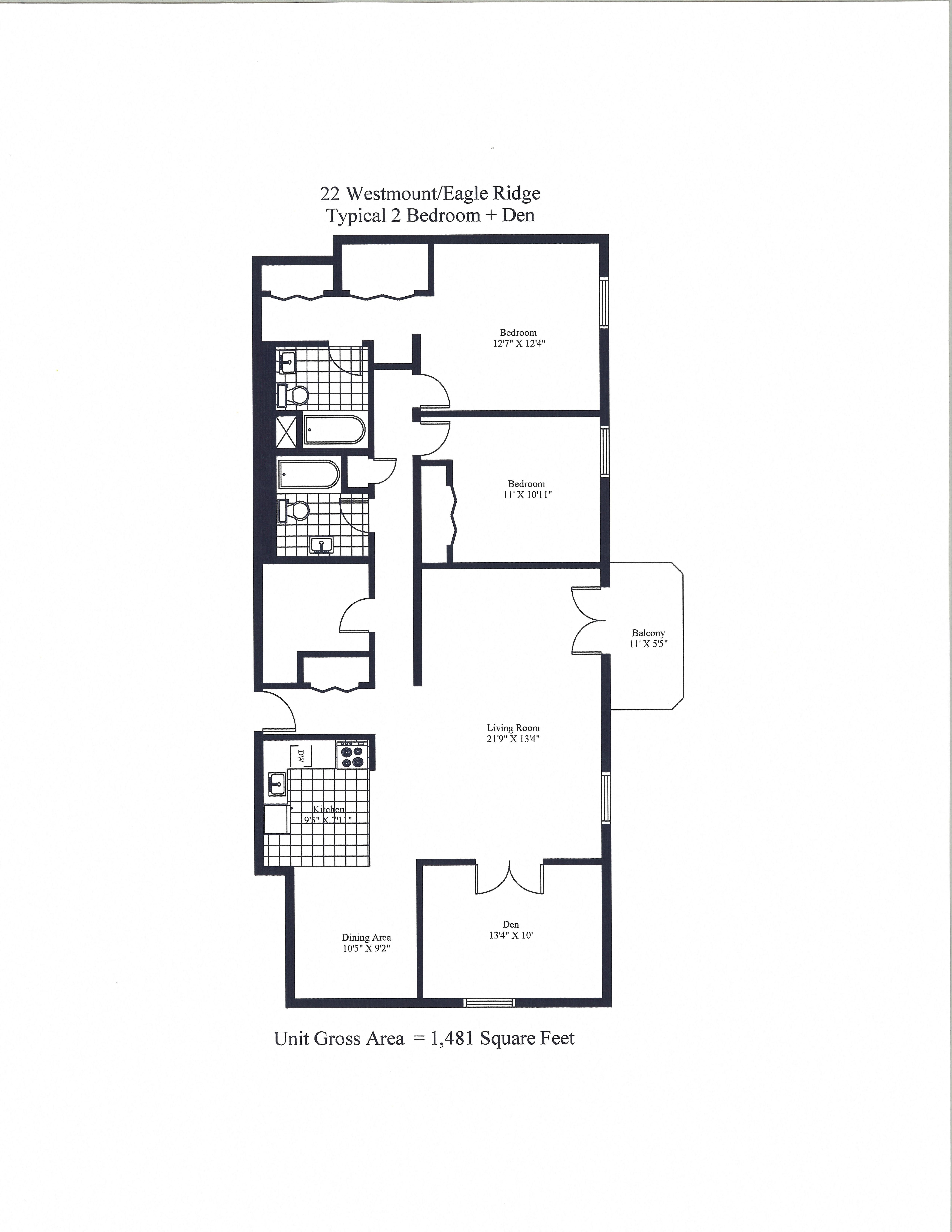Floor plan for 2 beds, 2 baths, 962 sqft